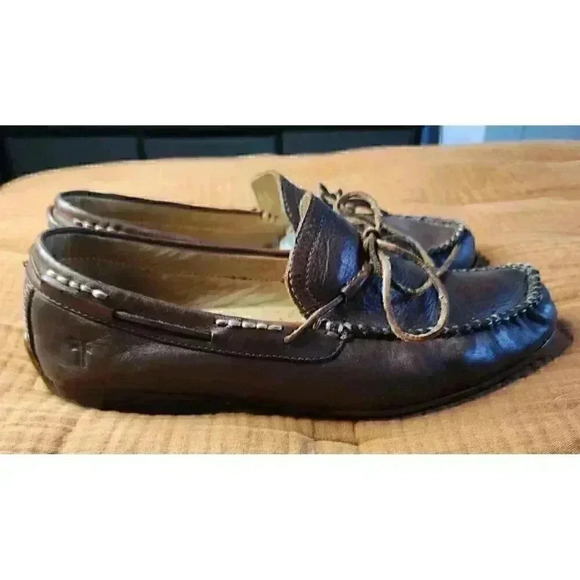 Frye Lewis Tie Slip On Leather Loafers Tan Brown Driving Boat Shoes US Size 9 - Picture 5 of 8